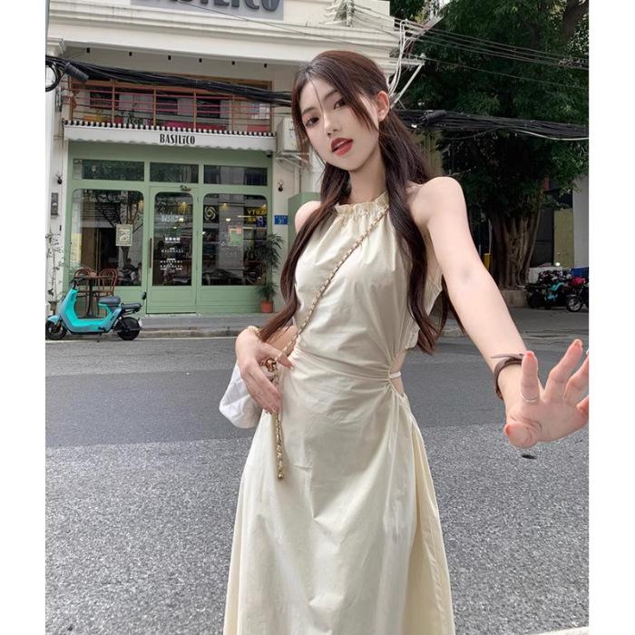 

Seaside niche design sense hollow waist hanging neck suspender dress women s summer waist thin fringed long skirt S абрикосовый