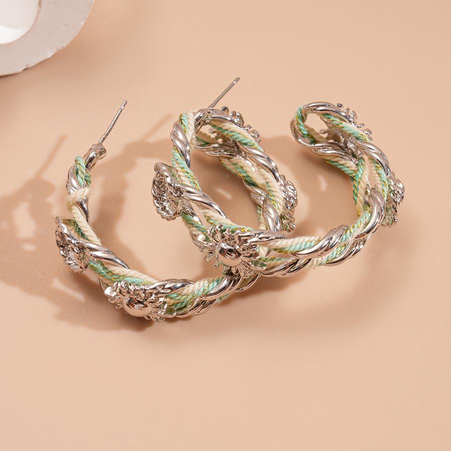 

Металлические серьги-подсолнухи в форме буквы С с двойным слоем, обернутые хлопковой веревкой, серьги с серебряными иглами, персонализированные серьги в стиле ретро, тяжелая промышленность