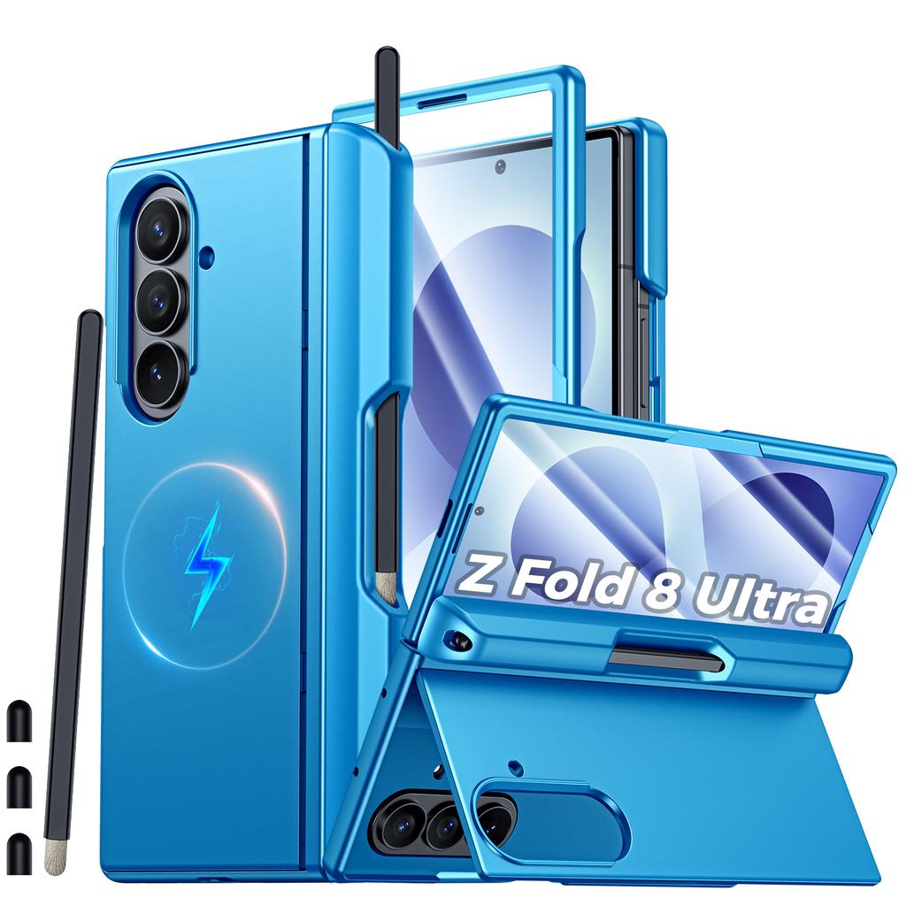 Phone Case with Included S Pen, Magnetic Ring and Hinge Protection, Hard Shell for Galaxy Z Fold 8 Ultra-Blue