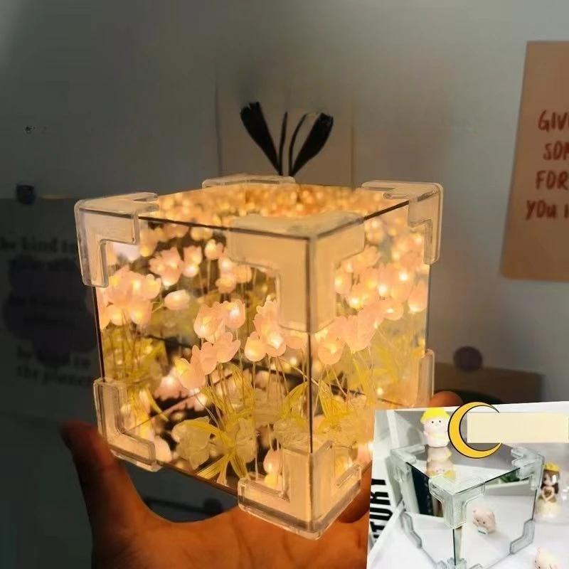Lampada da notte creativa fai da te con cubo di mare e fiore di tulipano, piccola lampada da notte tridimensionale, materiale per coppia di fidanzate