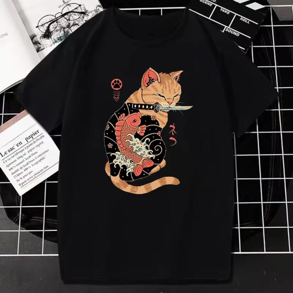 Catana T Shirts 90s Vintage Japan Aesthetics Tops Funny Cartoon Cat Print Tee Women Men Fashion Short-sleev Tees Shirt