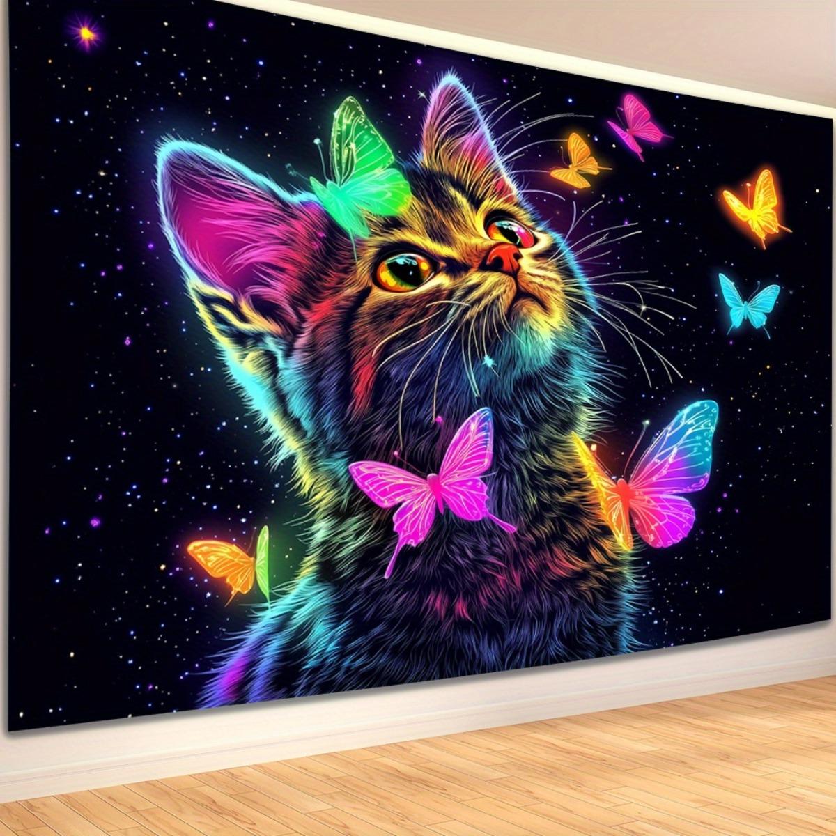 

Cat Butterfly Tapestry Colorful Cosmic Style Neon Animal Art Polyester 51 x 61 inch Bedroom Dormitory Decoration 74x94cm(29x37in)