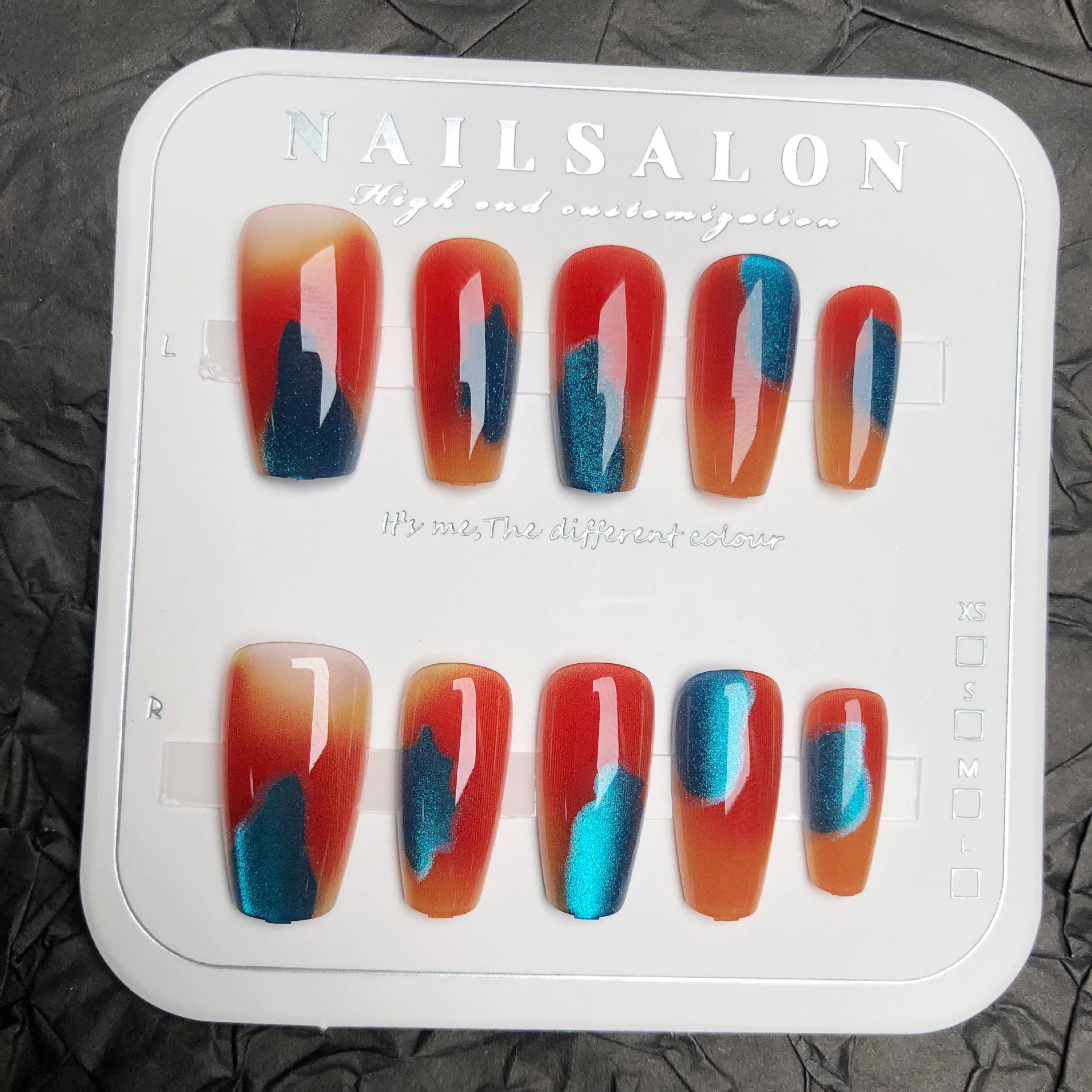 

Янтарный Омбре Синий Кристалл Кошачий Глаз Ногти - Красно-Коричневые Отбеливающие Накладки для Ногтей для Осени и Зимы.