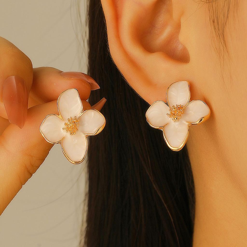 Soft Pink Enamel Flower Stud Earrings with Gold Tone Accents for Women Elegant Style