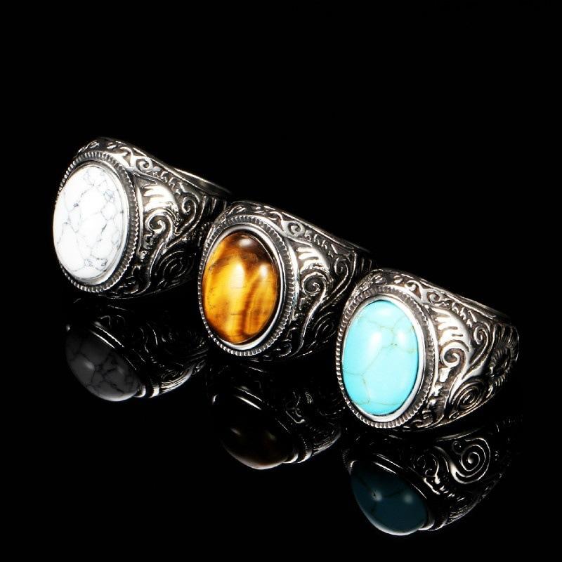 HNSP 316L Stainless Steel Boho Natural Stone Ring for Men Women Vintage Jewelry Tiger Eyes Rings Finger Accessories