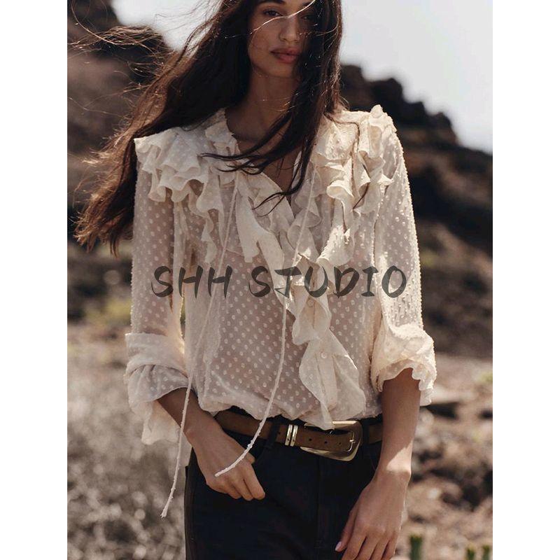 Spring New Women's Clothing Minimalist Round Neck Laminated Decoration French Tulle Long Sleeve Shirt Top 2275713