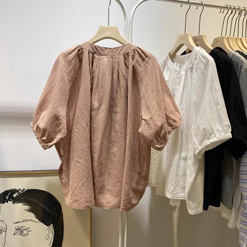 Korean Style Retro Stand Collar Loose Fit Short Sleeve Women's Doll Shirt