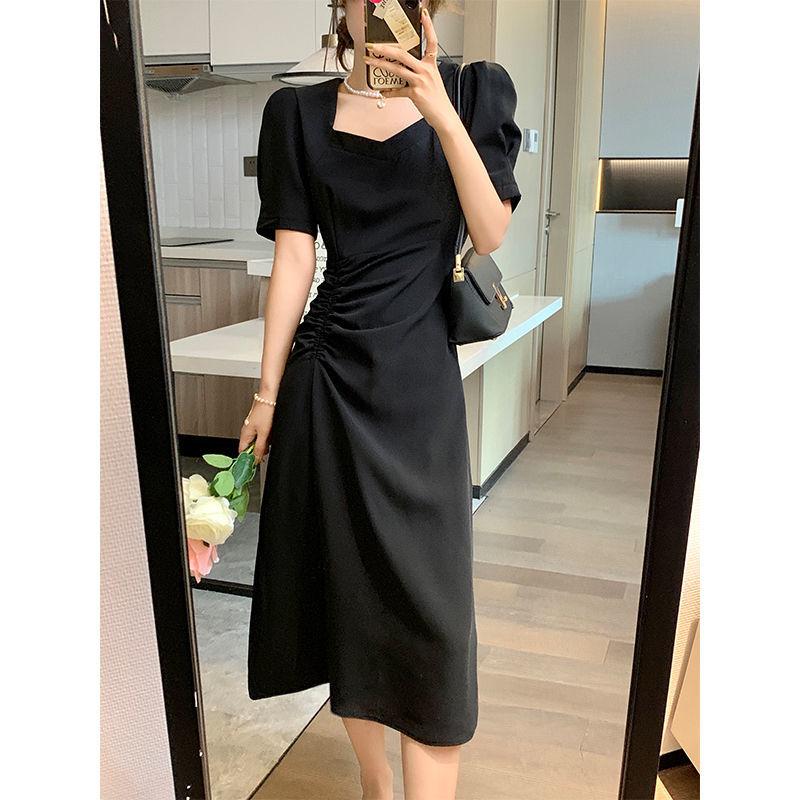 Vestido de verano de Color liso, elegante, con cuello cuadrado, cintura plisada, ajustado, manga de burbuja, vestido de moda