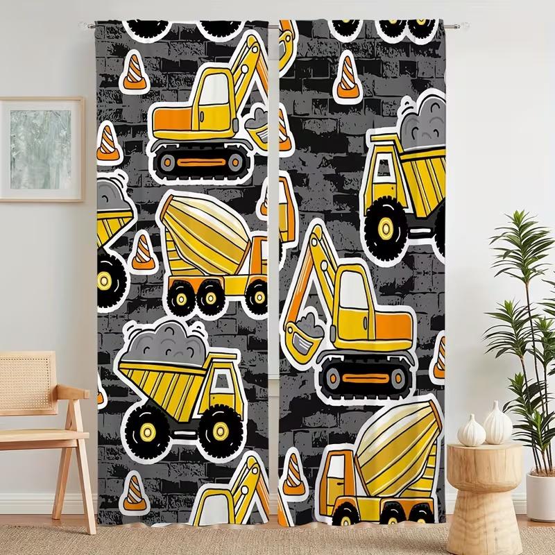 2 Stück Vorhänge mit Baustellenfahrzeug-Print, geeignet für Schlafzimmer-, Wohnzimmer-, Küchendekoration, Heimdekoration, Fensterdekoration