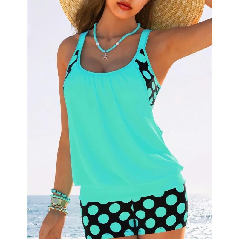 Women's Light Blue Polka Dot Tankini Set Racerback Two Piece Modest Swimsuit with Shorts