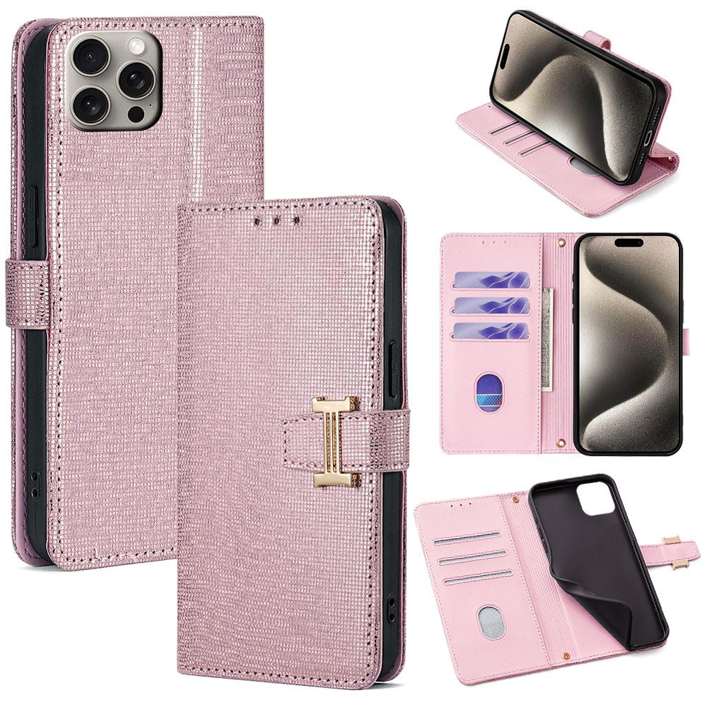 

For iPhone 15 Pro Max Case Wallet Sequins Leather Crossbody Phone Cover Rose Gold