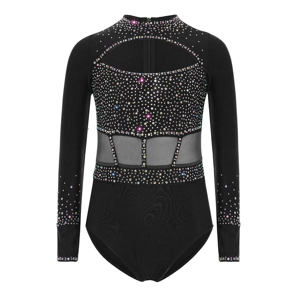 Leotardo de Gimnasia para Niñas Brillante con Pedrería, Manga Larga, Cremallera Trasera Invisible, Escote Delantero, Body de Escenario