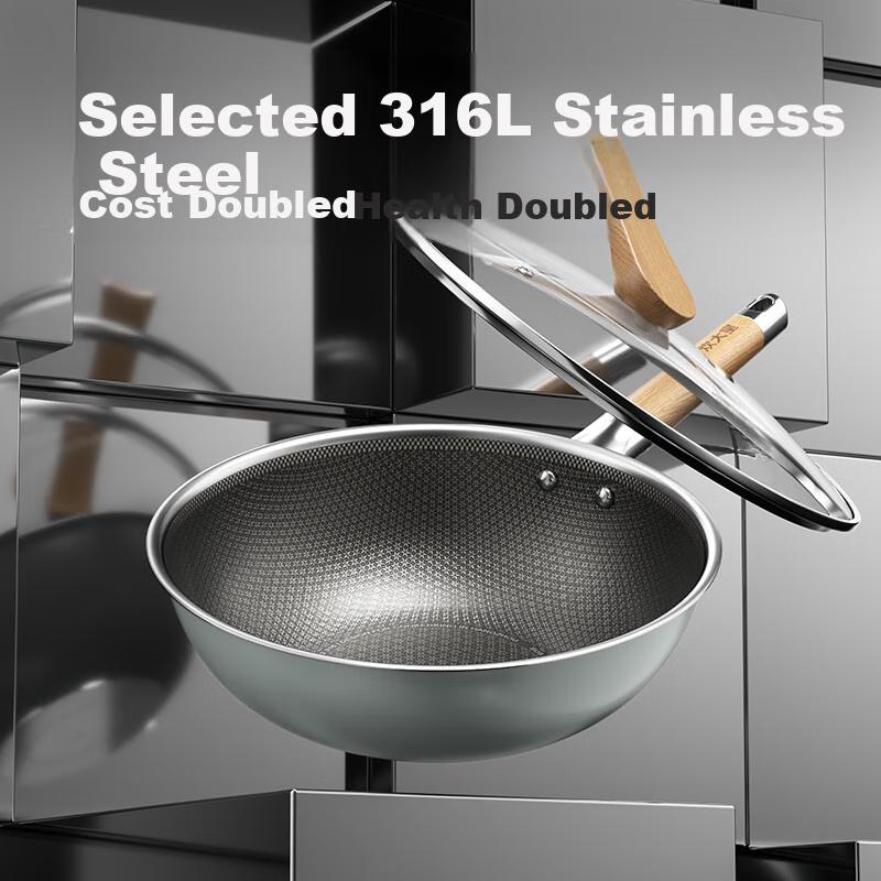 COOKER KING Wok, 316L Stainless Steel Frying Pan, Non-Stick Flat Bottom Stir-Fry Pan 32cm, Visible Lid, Suitable for All Stoves