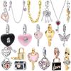 Charme Émail Couple Serrure&Clé Argent 925 Mignon Cadeau Pierre Dorée Rose Collier Romantique Perles Chanceuses Ajustement Bracelet Décoration pour Femmes