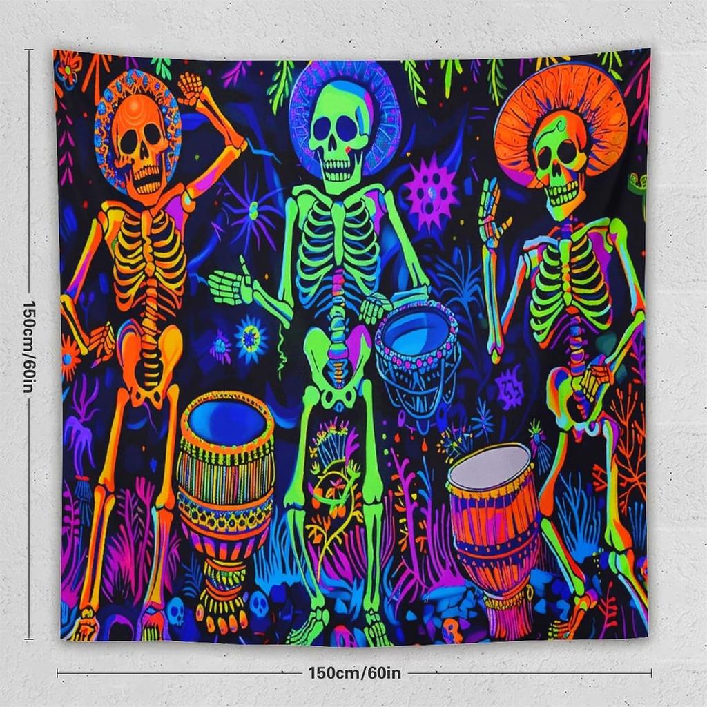 CJSLIFEART Blacklight Skull Tapestry Percussion Small Concert Fluorescent Starry Sky Bedroom Tapestry Background Wall Decoration