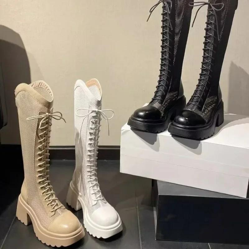 Fashion 2024 Summer Hot Selling Solid Color Round Toe Square Heel Mesh Lace Up Breathable Back Zipper Women's High Sandals Boots