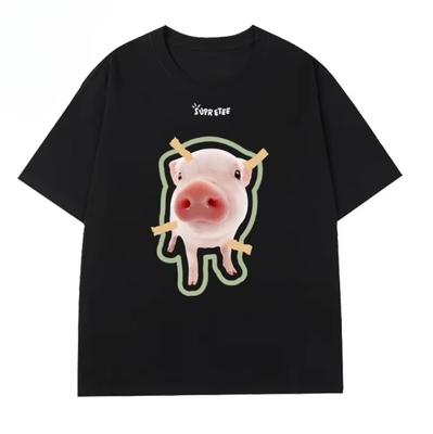 2025 Fashion 100% Pure Cotton Men's and Women's T-shirt SUPERTEE Letter and Pig Pattern Printed Casual Short Sleeve T-shirt