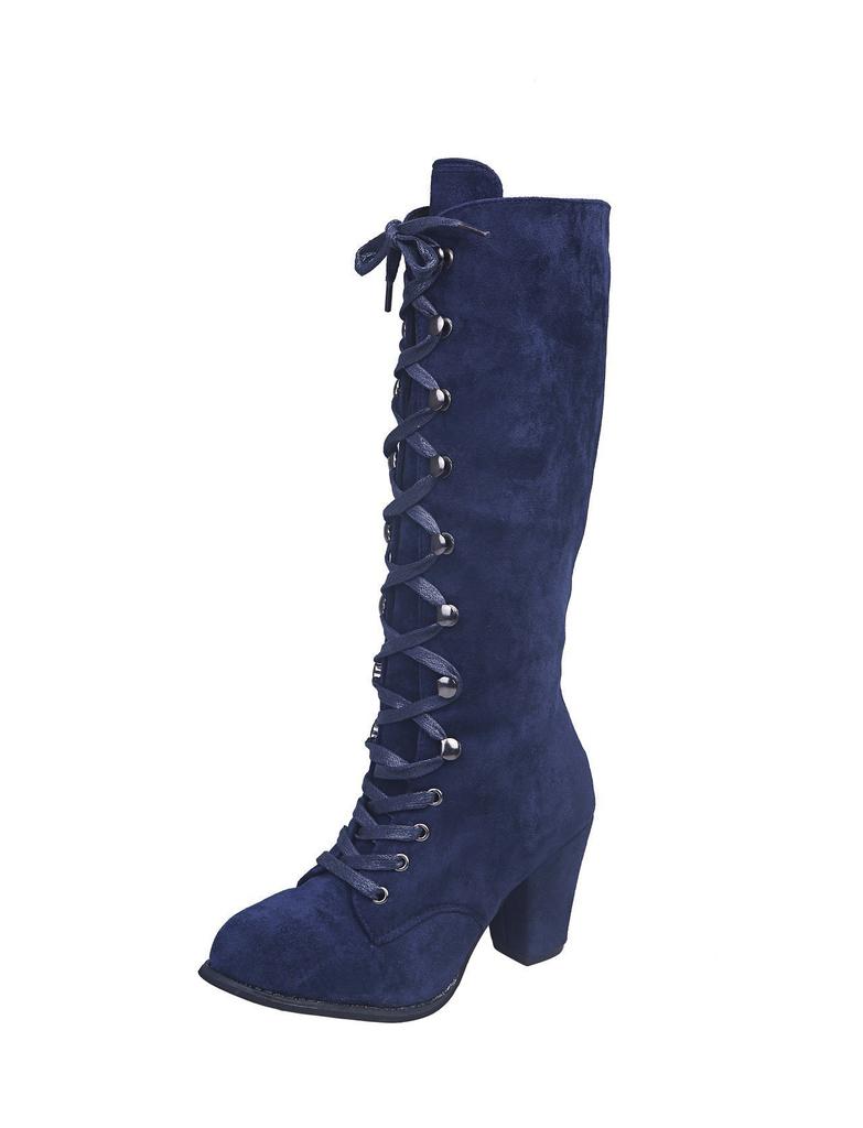 Casual High-heeled Single Boots Autumn and Winter New Large-size Autumn Round-head French Thick-heeled Solid-color Martin Boots