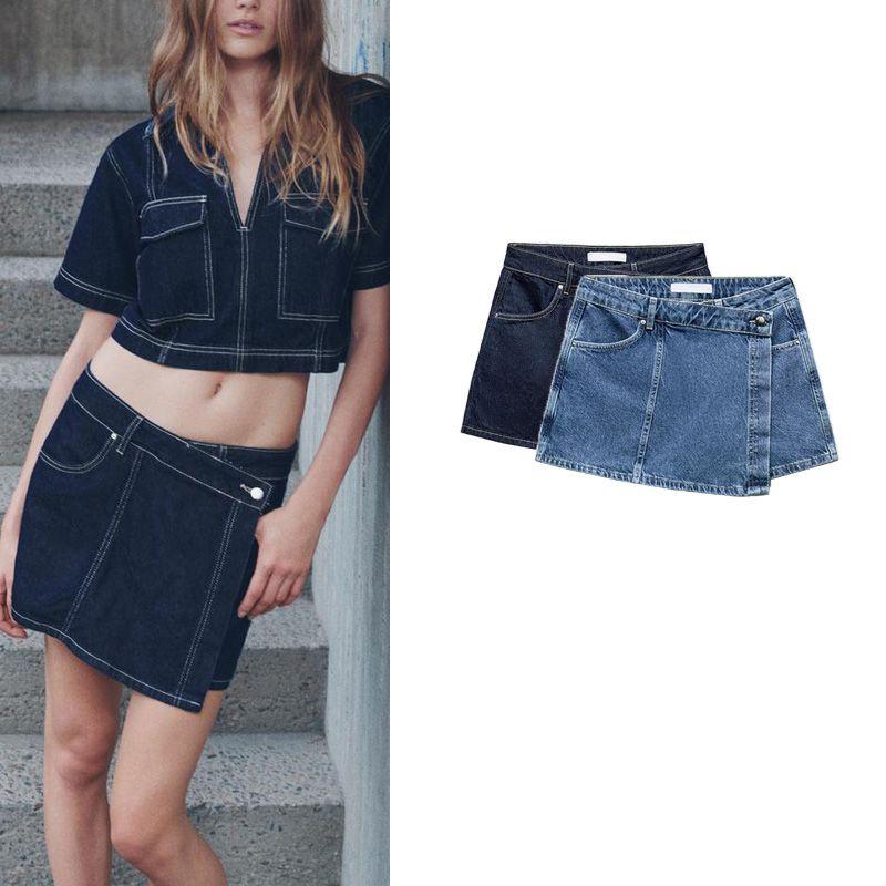 Spring New Women's Commute Leisure Versatile Asymmetric High Waist A- Line Skirt Denim Skirt 6164132