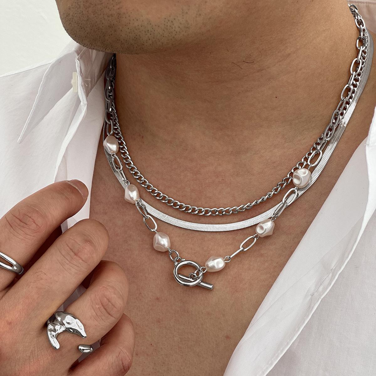 Salircon 3 шт./комплект Хип-хоп Плоская Змеиная Цепь Ожерелье Мужчины Геометрия Имитация Жемчуга OT Застежка Ключица Чокер Ожерелье Мужские украшения