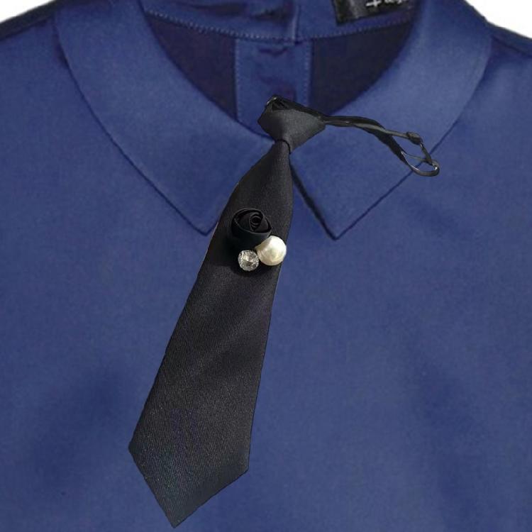 Elegant 3D Black Floral Necktie with Rhinestones Pearls Student Pre Tied Adjustable Ties Uniform School Shirt Necktie
