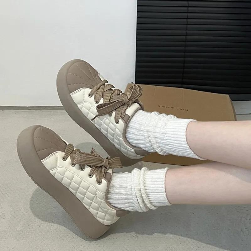 Platform Vulcanized Shoes for Women Lace-up Sneakers for Women Low-top PU Women Jogging Shoes Waterproof Casual Walking Shoes