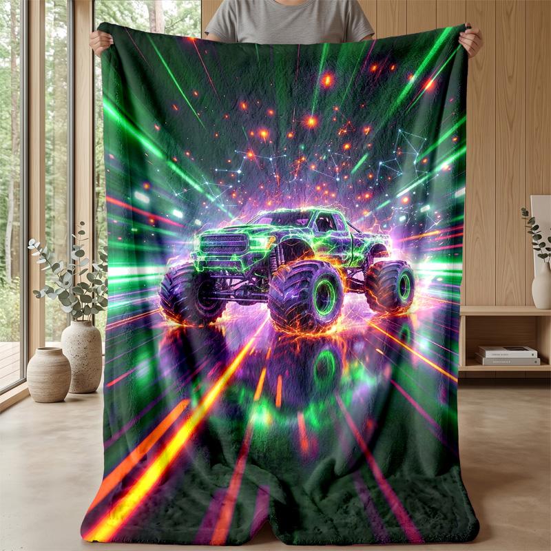 Neon Monster Truck Theme Blanket Lightweight Warm Flannel Blanket Decorative Throw Blanket for Home Decoration