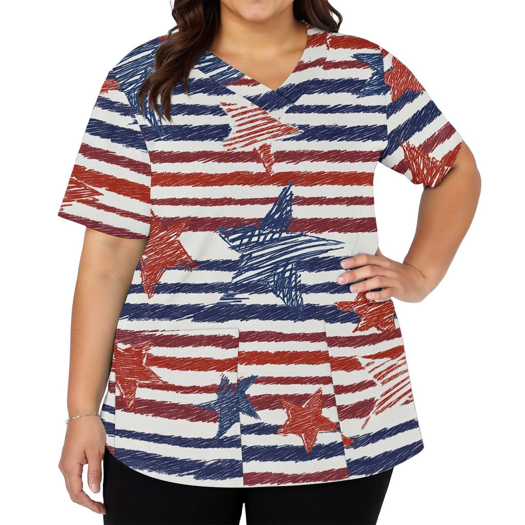 Women's Fashionable Casual Independence Day American Flag And Stars Print V-neck Short-Sleeved Work Shirt With Double Side Slits And Pockets