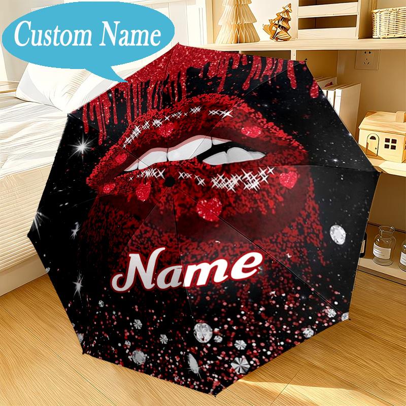 Custom Name Umbrella Red Lips Art Umbrella 8-Frame for Travel, Camping, Casual Lightweight Portable, Essential for Family Gifts