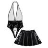 Women Patent Leather Lingerie Set Halter Top Deep V Leotard Crotch Opening Mini Skirt Rave Clubwear
