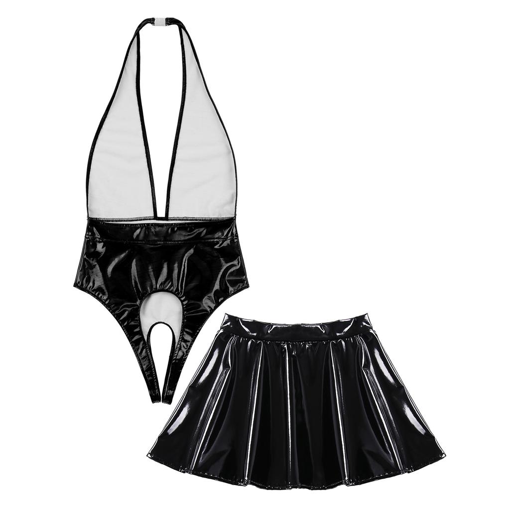 Women Patent Leather Lingerie Set Halter Top Deep V Leotard Crotch Opening Mini Skirt Rave Clubwear