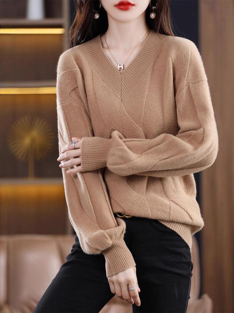 Women's V-Neck Cable Knit Cashmere Sweater - Loose, Thickened, Solid Color for Autumn/Winter