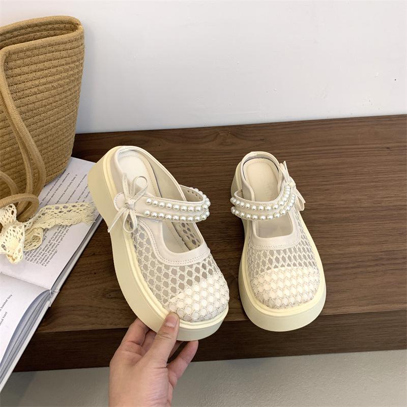 Thick-soled bag head half slippers women's outer wear 2025 new summer fashion breathable mesh slippers muffin sole height-increasing shoes