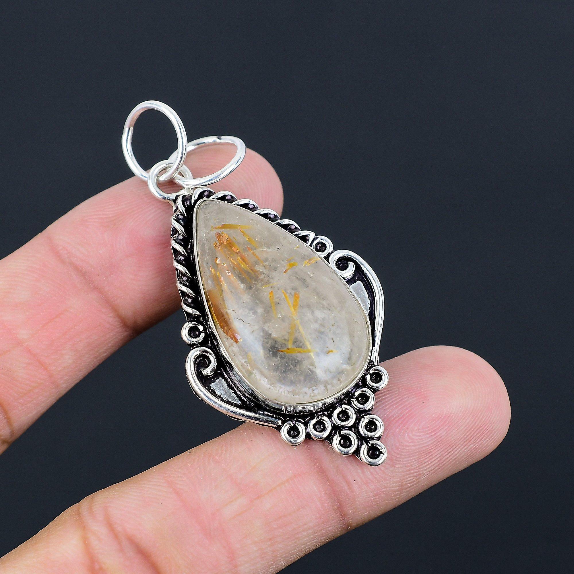 Pear Golden Rutile Stone Bezel Birthday Unique Pendant Jewelry Sterling Silver