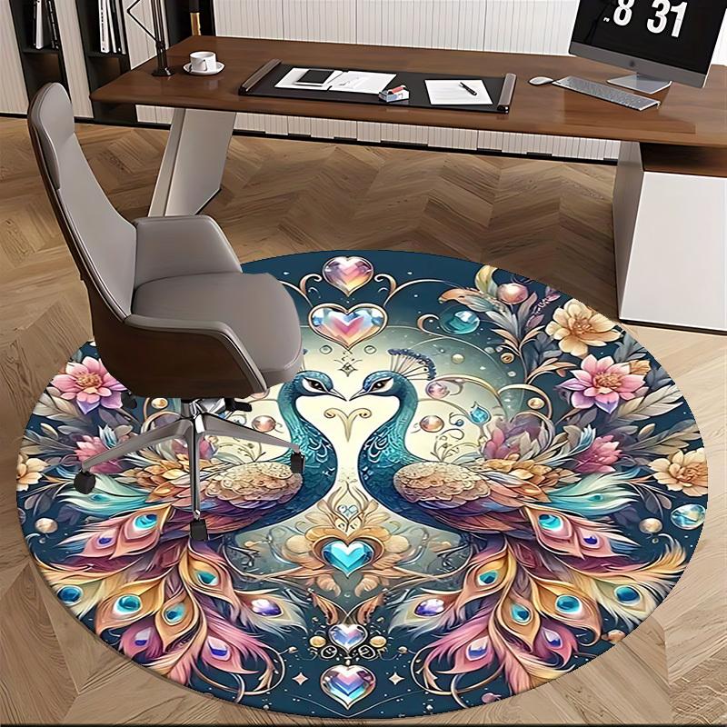 1 Stück Fantasy Pfauenpaar Runder Teppich Anime Design Bürostuhlmatte, Rutschfester Teppich für Heimdekoration, Geschenk, Büro, Wohnzimmer, Schlafzimmer
