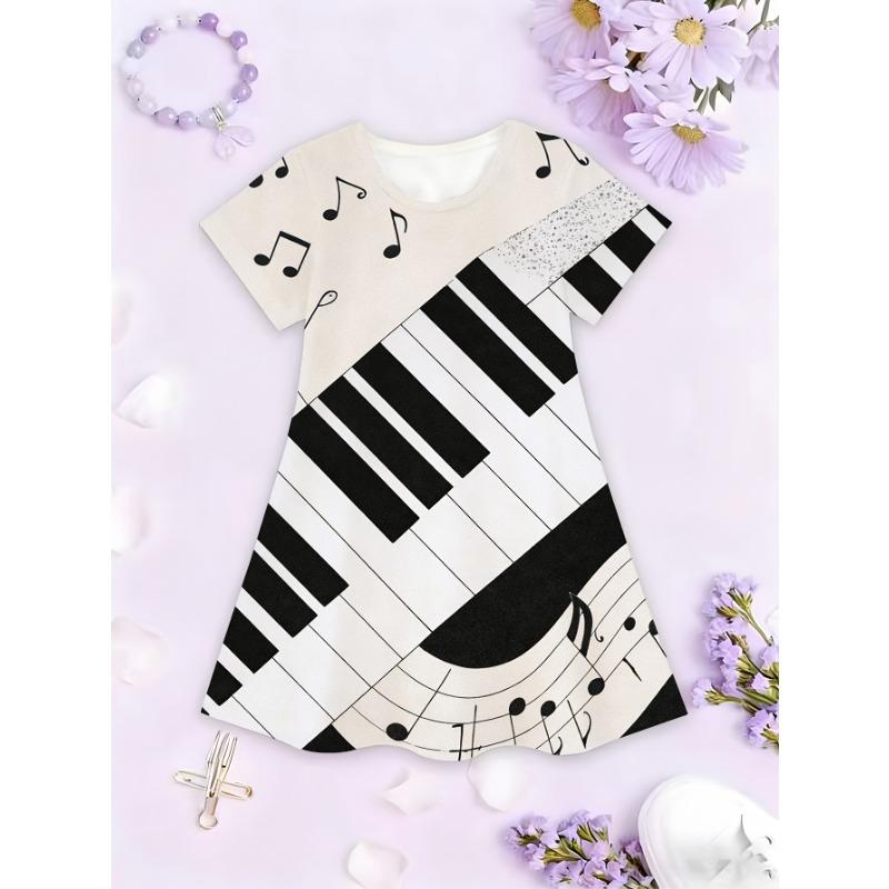 

A Short-Sleeved Dress for Girls Featuring a Black And White Piano And Musical Notes Print, Designed in an Artistic Music Style with a Round Neckline, 110