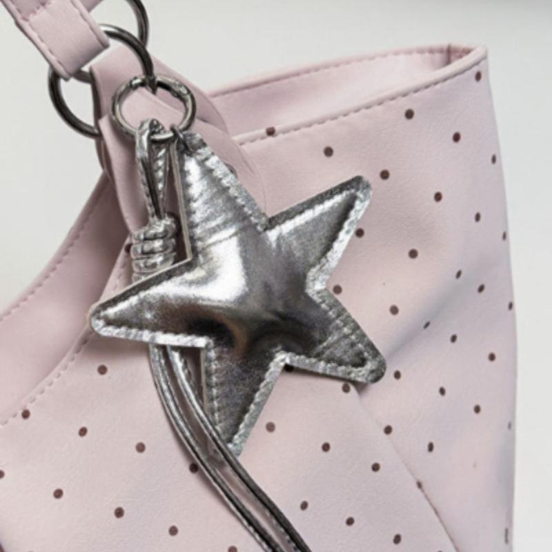 Vintage Frosted Tote Bag Casual Students Purse Large Capacity Shoulder Bag Polka Dot Drawstring Zipper Handbag with Star Pendant