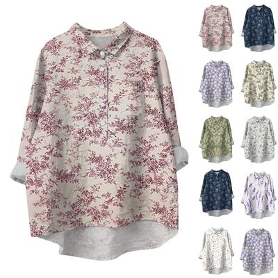 Women's Shirt Blouse Long-sleeved With Buttons Print Casual Hem Irregular Shirt Collar Top