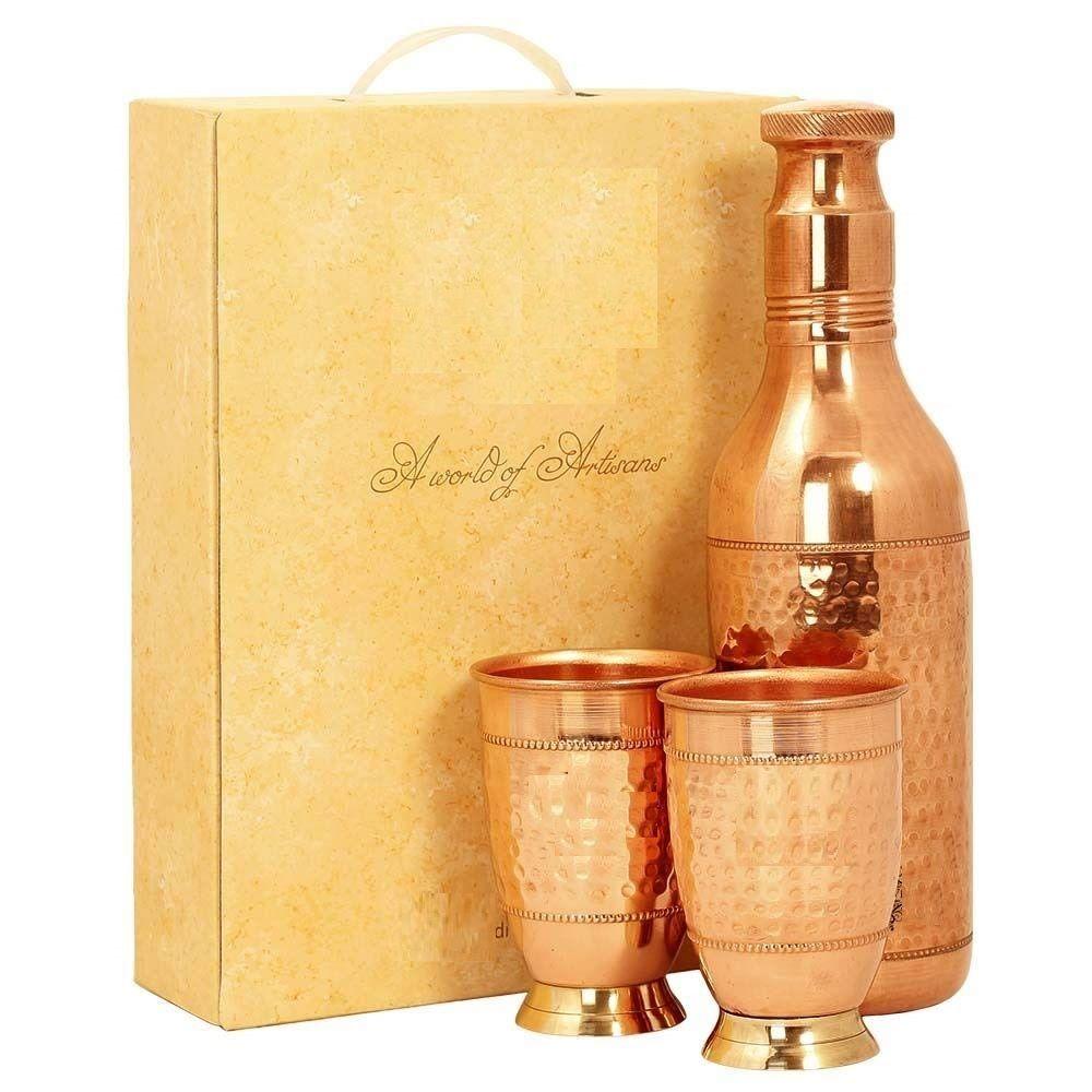 Pure Copper Drinkware Gift Set of Cocktail Design 1 Bottle & 2 Glass with Gift Box, Gift Item for Diwali, Bithday & Parties, Bottle