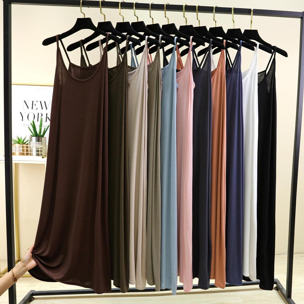 Modal Spaghetti Strap Dress Summer Sexy Sleeveless Tank Dress Solid Color Casual Camisole Dresses Long Soft Sleepdress Basic Slipdress