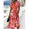 Vestido Midi Floral de Manga Corta con Cuello en V para Mujer Ropa Casual de Vacaciones