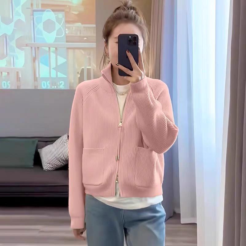 Autumn Winter Stand Collar Vintage Zipper Cardigan Sweater Women Casual Fashion Solid Color Knitting Cardigan Top