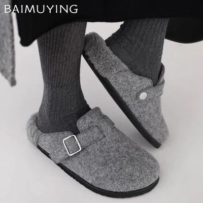 Mocka Dam Flats Bomullstofflor Kort Plysch Designer Spänne Casual Mules Skor 2025 Trend Promenad Varma Vinter Snö Botas Mujer