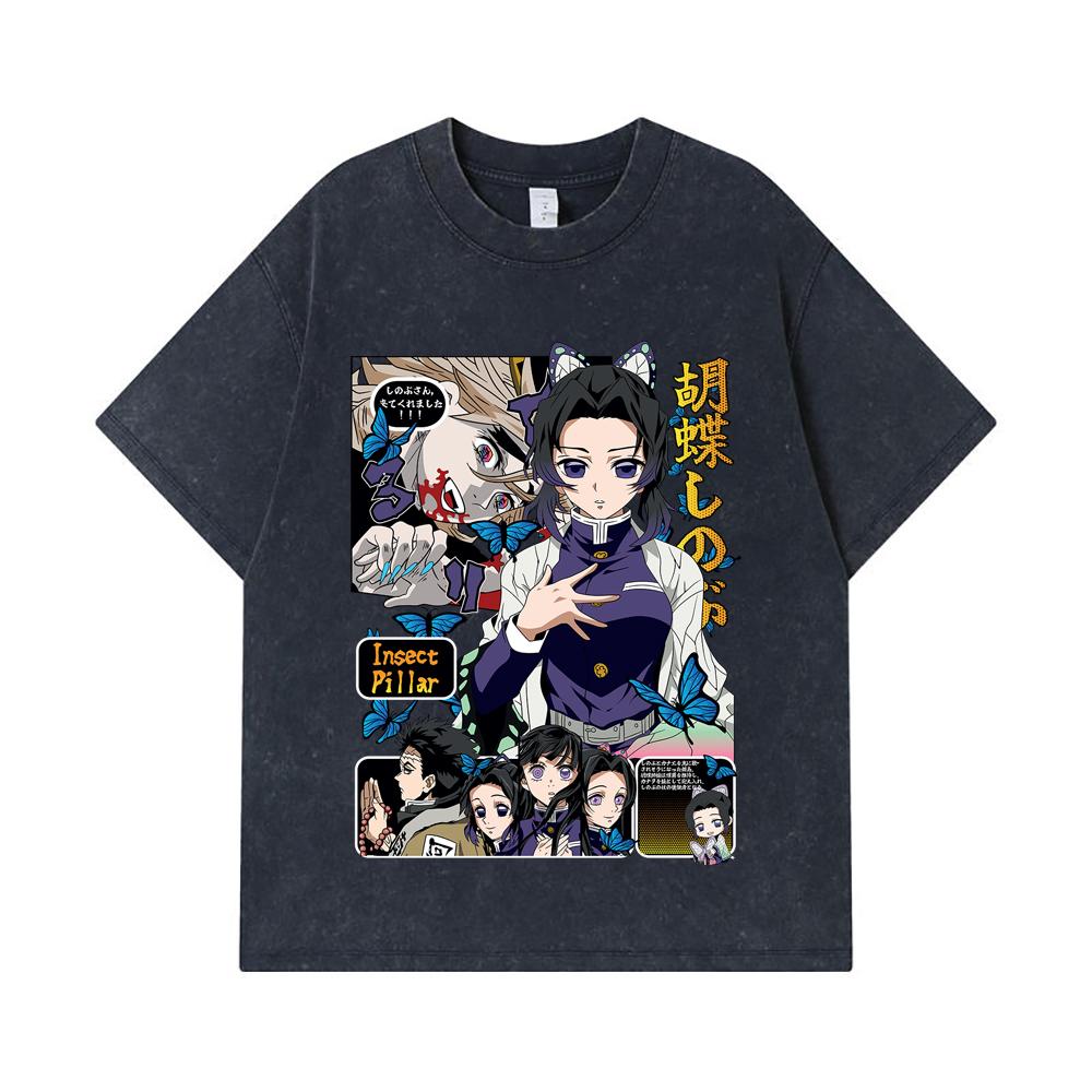 275 GSM Washed T-shirts 100% Cotton Demon Slayer V16 Shinobu Print Unisex Heavy Cotton T Shirt