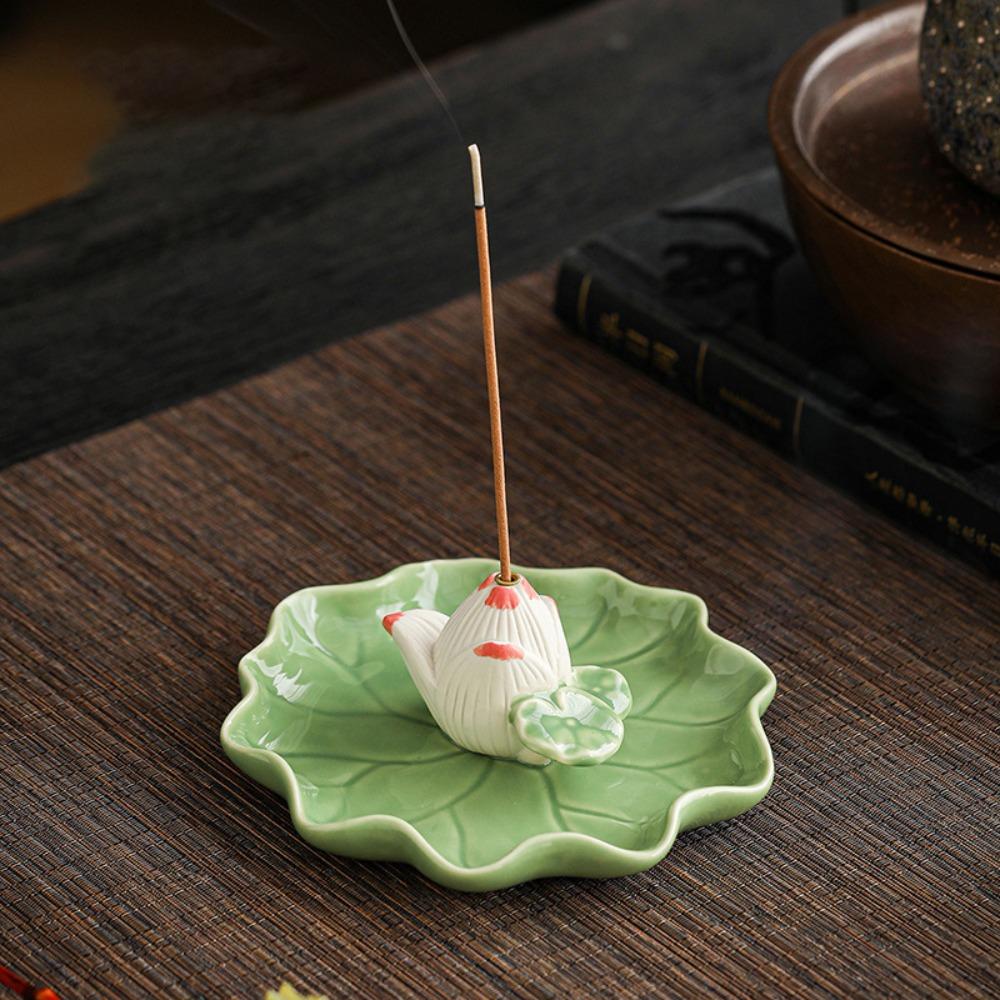 

Retro Frog Lotus Ceramic Incense Holder with Lotus Leaf Tray Ash Catcher Zen Incense Burner Incense Stick Holder Home Decor