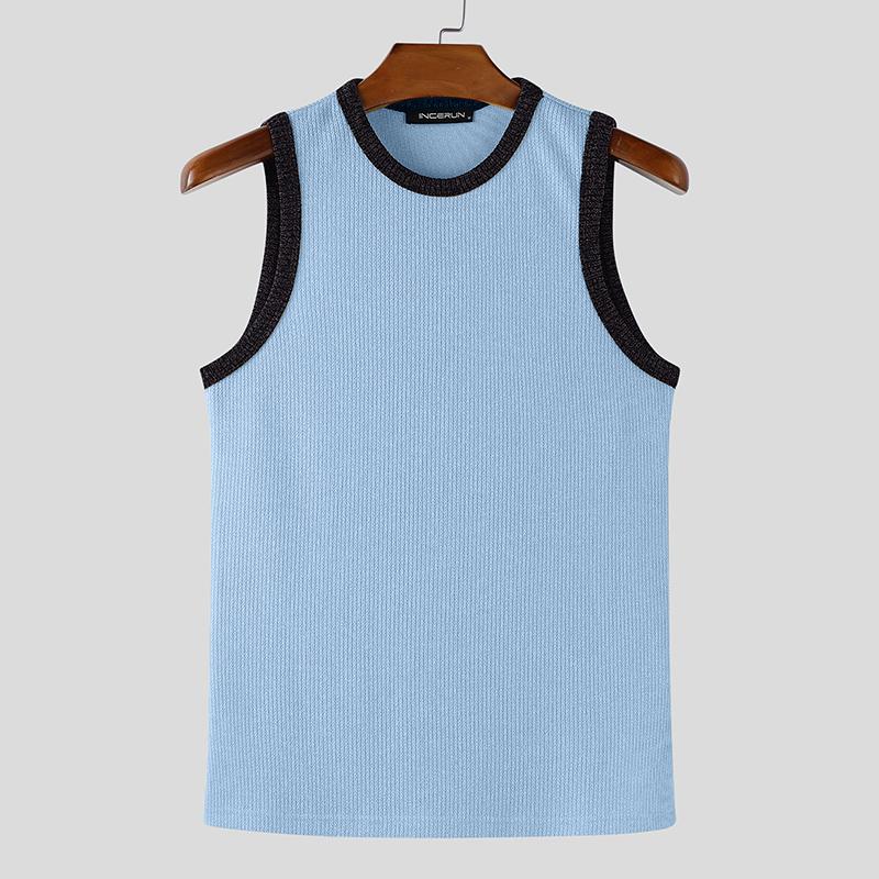 

INCERUN Men Summer O Neck Sleeveless Stitching Casual Texture Thin Rib Tank Tops 3XL синий
