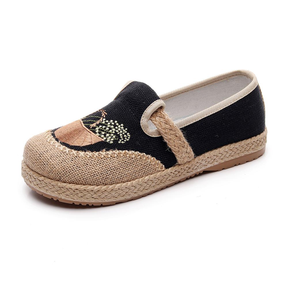 Processing Custom Old Beijing Cloth Shoes Women's Linen Ethnic Style Canvas Shoes Round Head Flat Bottom Lightweight Soft Sole Mother Shoes