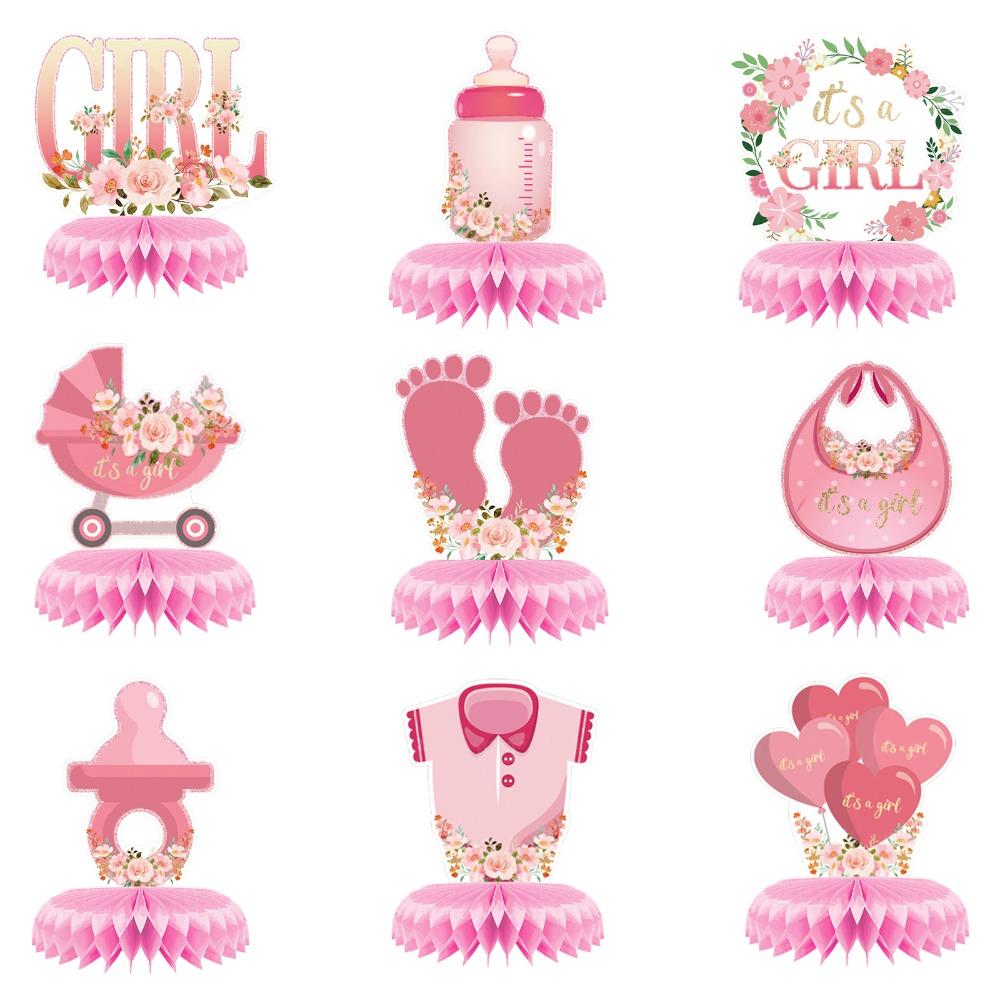 

9 шт. розовые украшения для детского душа для девочек, сотовая бумага, розовые детские сотовые центральные украшения, декор стола, украшения для украшения стола