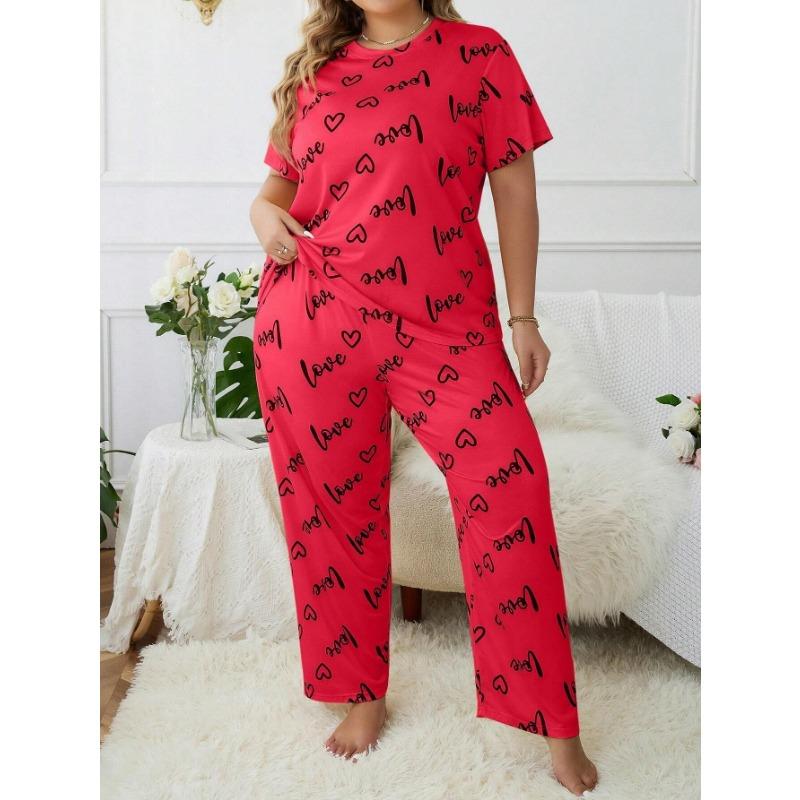 Plus Size European American Style Heart Crew Neck Short Sleeve Long Pants Women Pajama Set