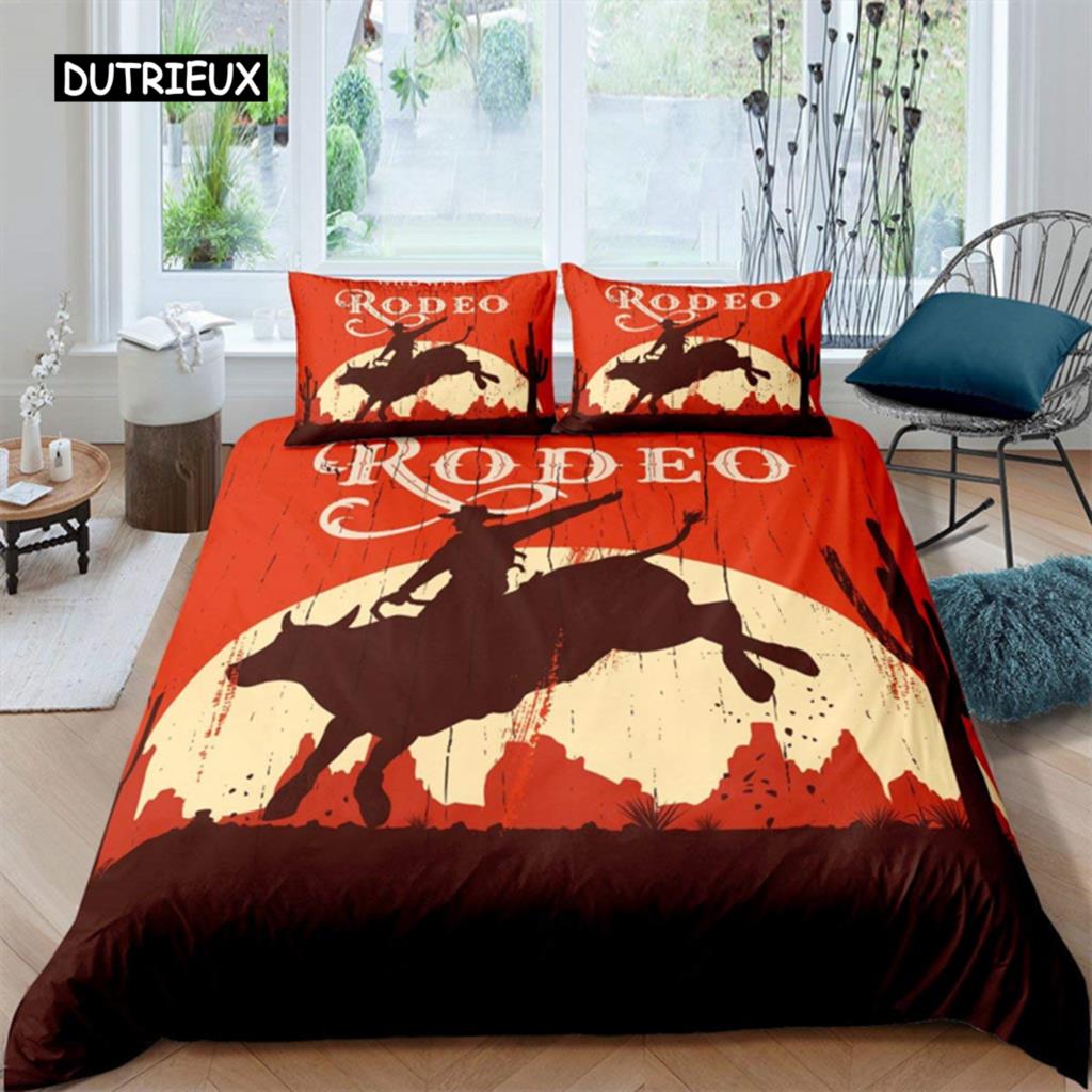 Western Cowboy Duvet Cover Rodeo Cowboy Riding Bull Horse Bedding Set Full For Boys Teen Microfiber Farmhouse Style Quilt Cover
